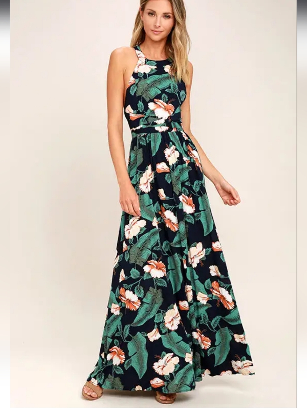 Navy Tropical Print Maxi Dress - Sleeveless Floral Sundress